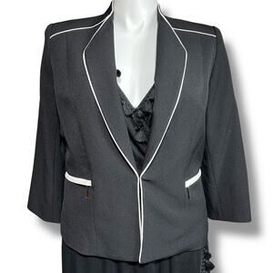 Kasper Womens Blazer Suit Jacket Zipper Pockets Black with White Accents Size 14